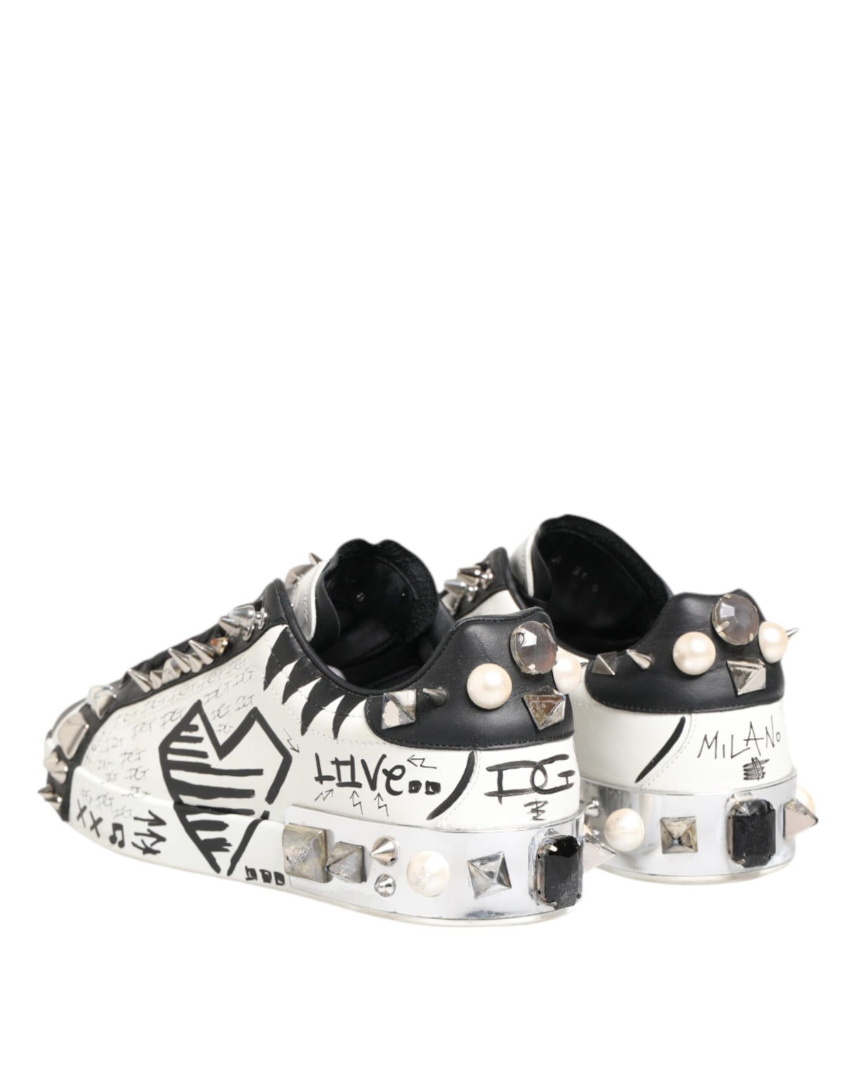 Dolce & Gabbana White Studded Printed Low Top Sneakers