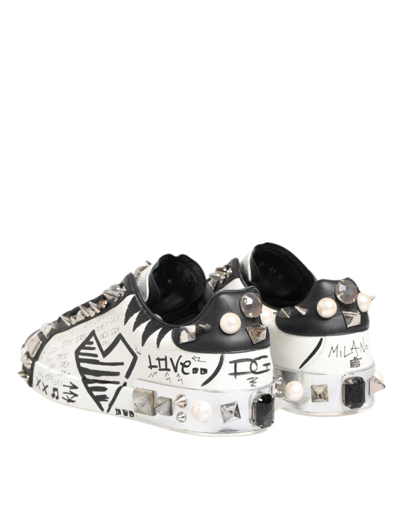 Dolce & Gabbana White Studded Printed Low Top Sneakers