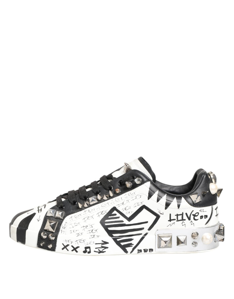 Dolce & Gabbana White Studded Printed Low Top Sneakers