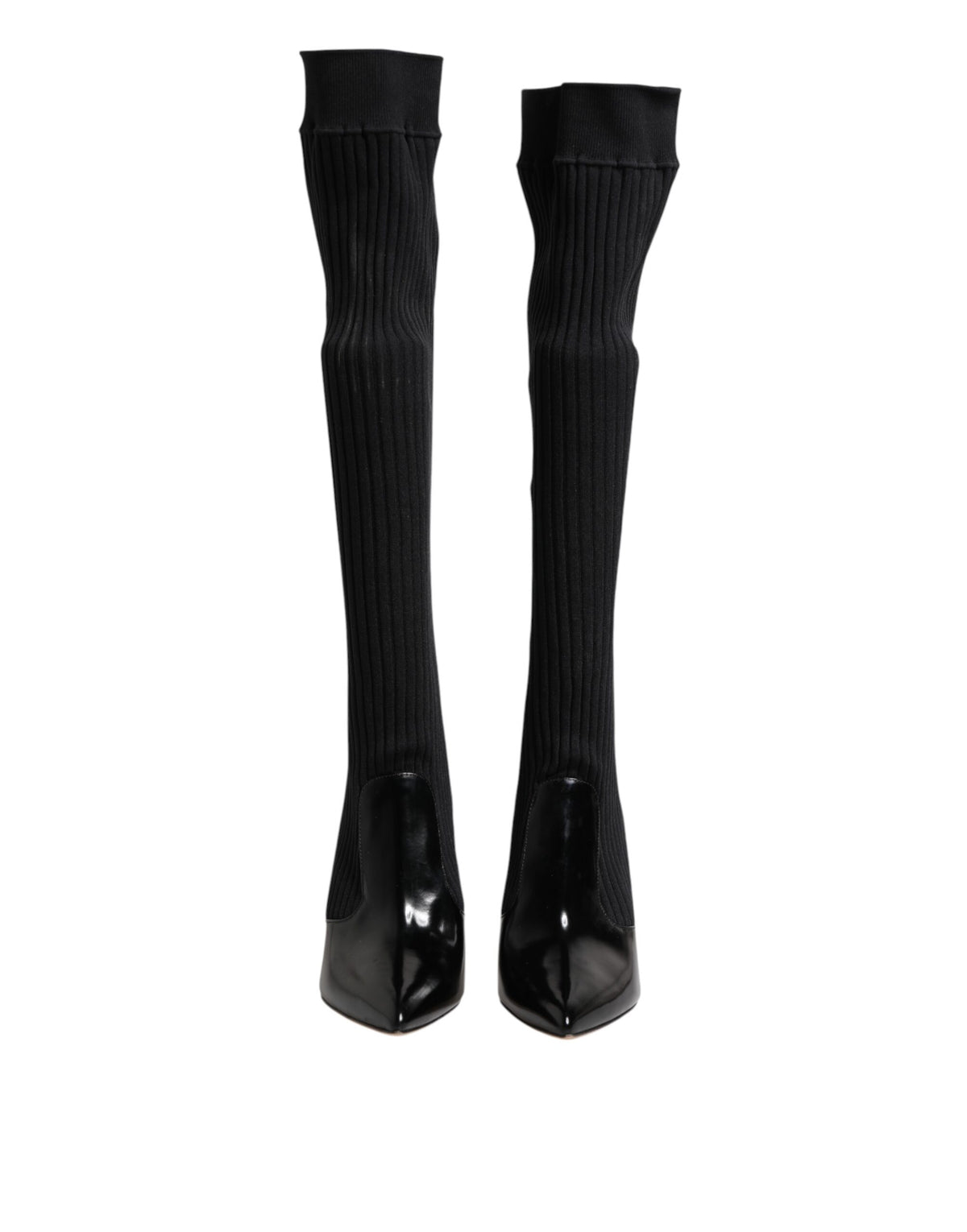Dolce & Gabbana Bottes Genoux en Cuir Noir à Tricot Ribbed