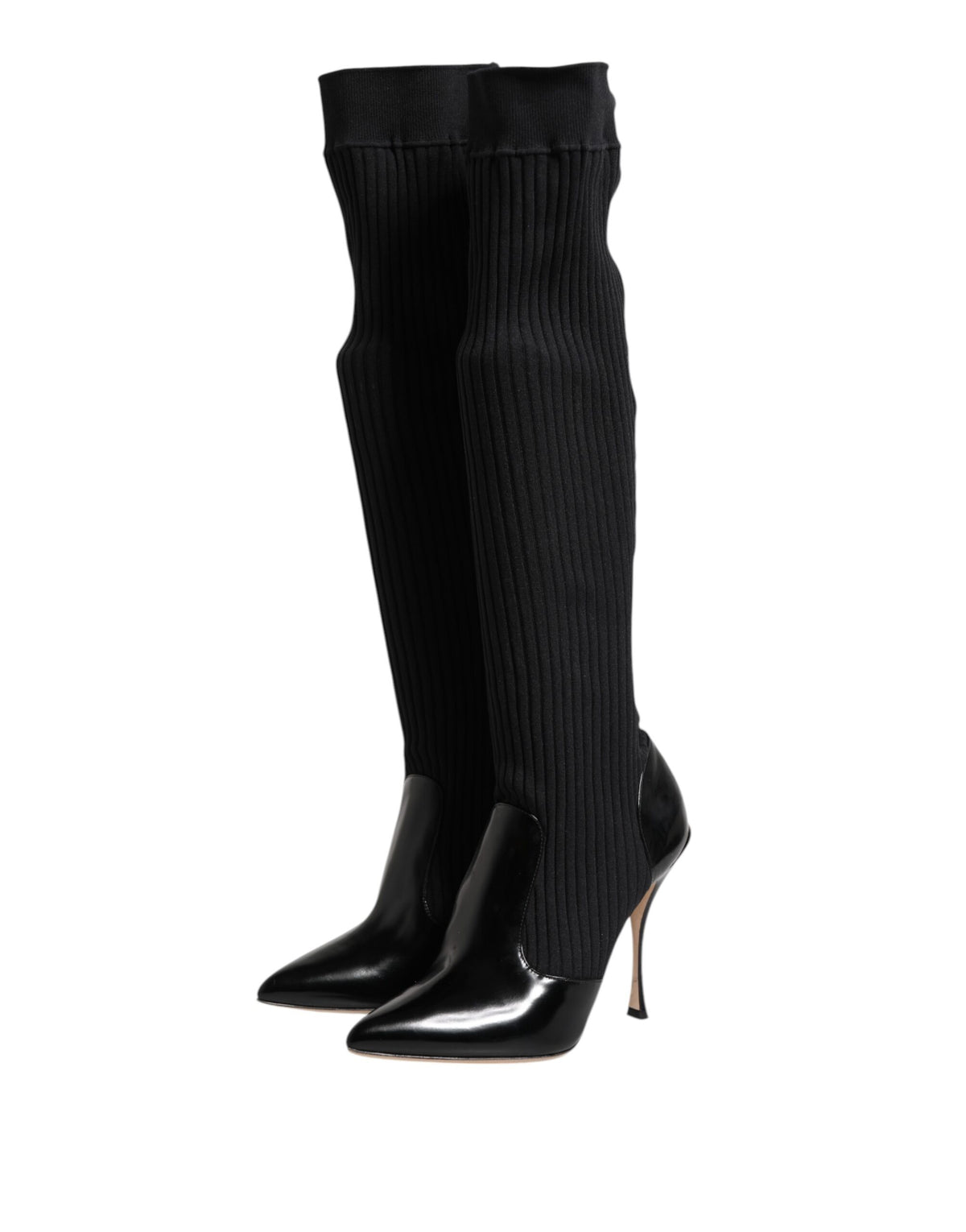 Dolce & Gabbana Bottes Genoux en Cuir Noir à Tricot Ribbed