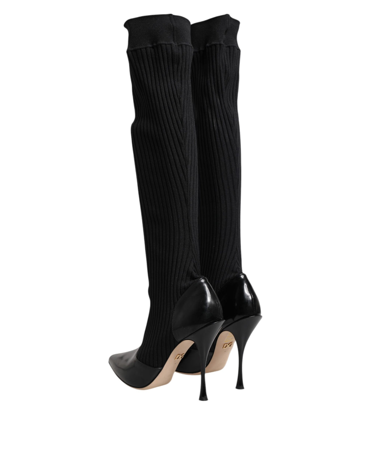 Dolce & Gabbana Bottes Genoux en Cuir Noir à Tricot Ribbed