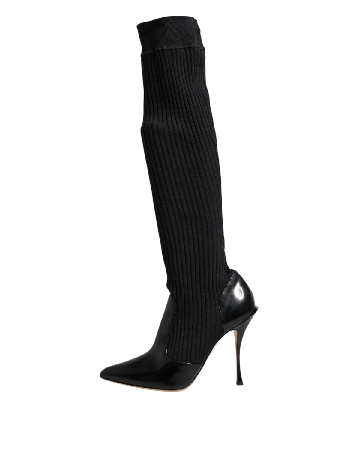 Dolce & Gabbana Bottes Genoux en Cuir Noir à Tricot Ribbed