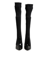 Dolce & Gabbana Black Leather Ribbed Knit Knee Boots