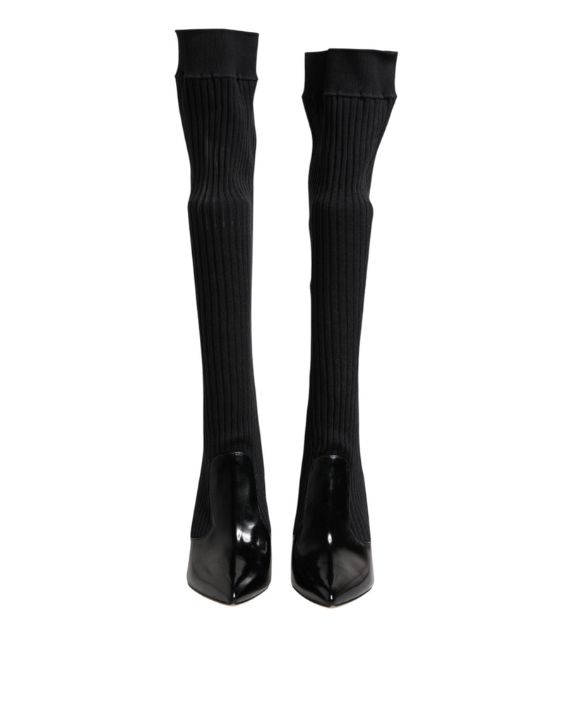 Dolce & Gabbana Black Leather Ribbed Knit Knee Boots