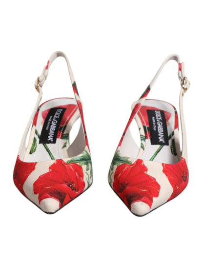 Dolce & Gabbana witte, bloemrijke hakken, slingback sandalen.