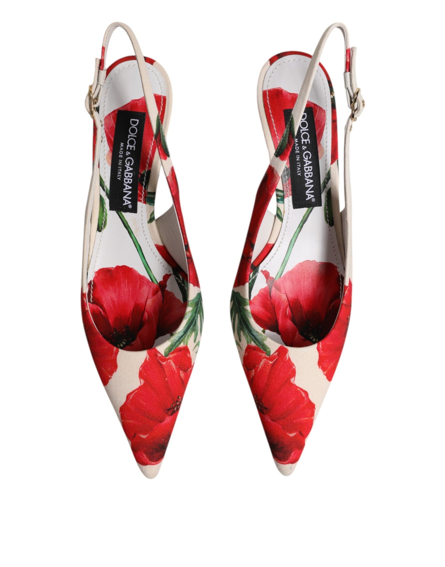 Dolce & Gabbana witte, bloemrijke hakken, slingback sandalen.