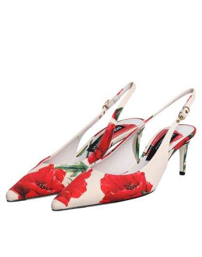 Dolce & Gabbana witte, bloemrijke hakken, slingback sandalen.