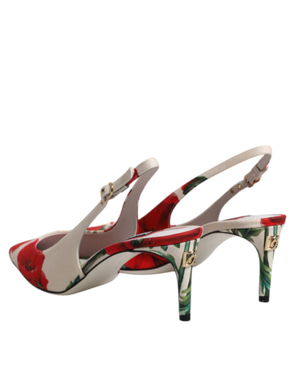 Dolce & Gabbana witte, bloemrijke hakken, slingback sandalen.
