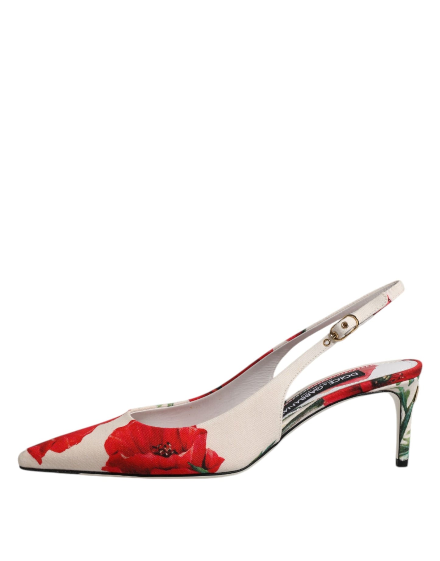 Dolce & Gabbana witte, bloemrijke hakken, slingback sandalen.