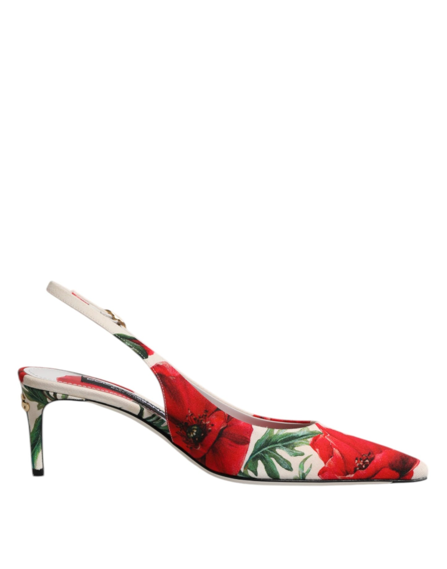 Dolce & Gabbana witte, bloemrijke hakken, slingback sandalen.