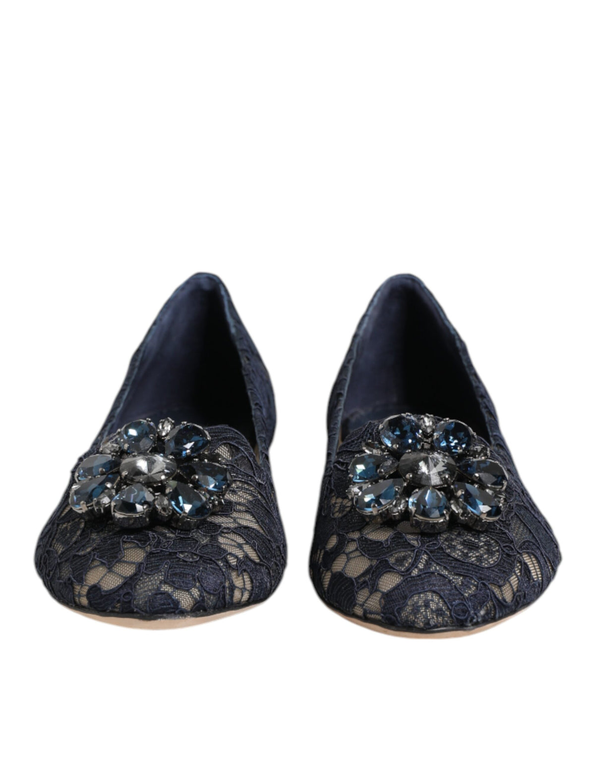 Dolce & Gabbana Blue Taormina Lace Crystal Flats Shoes