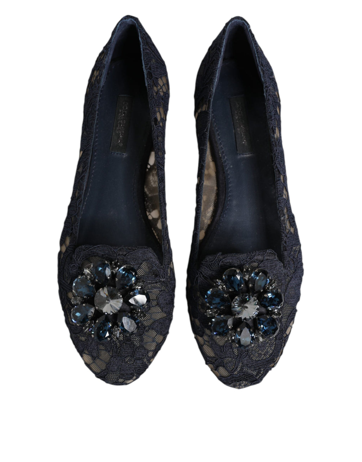 Dolce & Gabbana Blue Taormina Lace Crystal Flats Shoes
