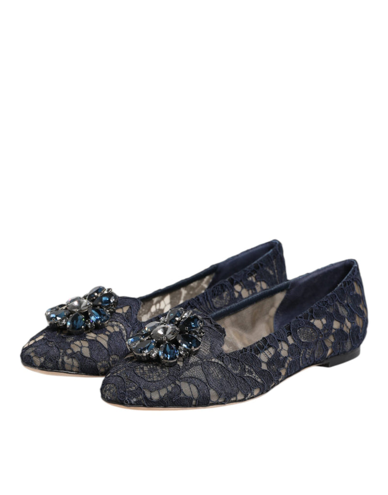 Dolce & Gabbana Blue Taormina Lace Crystal Flats Shoes