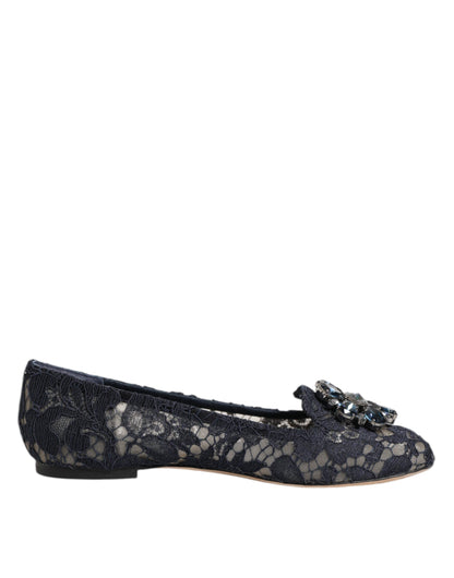 Dolce & Gabbana Blue Taormina Lace Crystals Flats Shoes