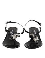 Dolce & Gabbana Black Leather Crystal Ankle Strap Sandals