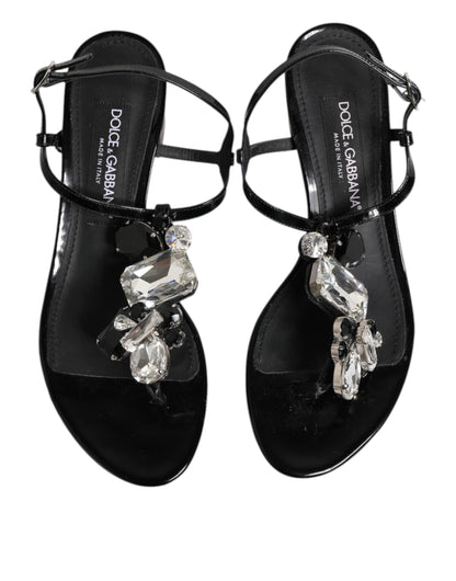 Dolce & Gabbana Zwarte Lederen Crystal Ankle Strap Sandalen