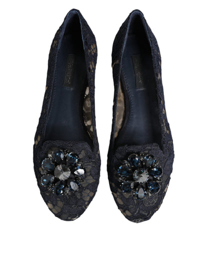 Dolce & Gabbana Blauwe Taormina Flats met Kant en Kristallen