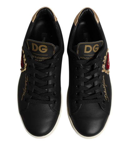 Dolce & Gabbana Black Leather Sacred Heart Sneakers Shoes