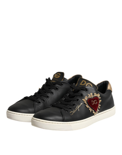 Dolce & Gabbana Black Leather Sacred Heart Sneakers Shoes