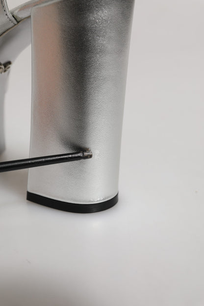 Sandales à talons argentées avec logo et bride de cheville Dolce & Gabbana