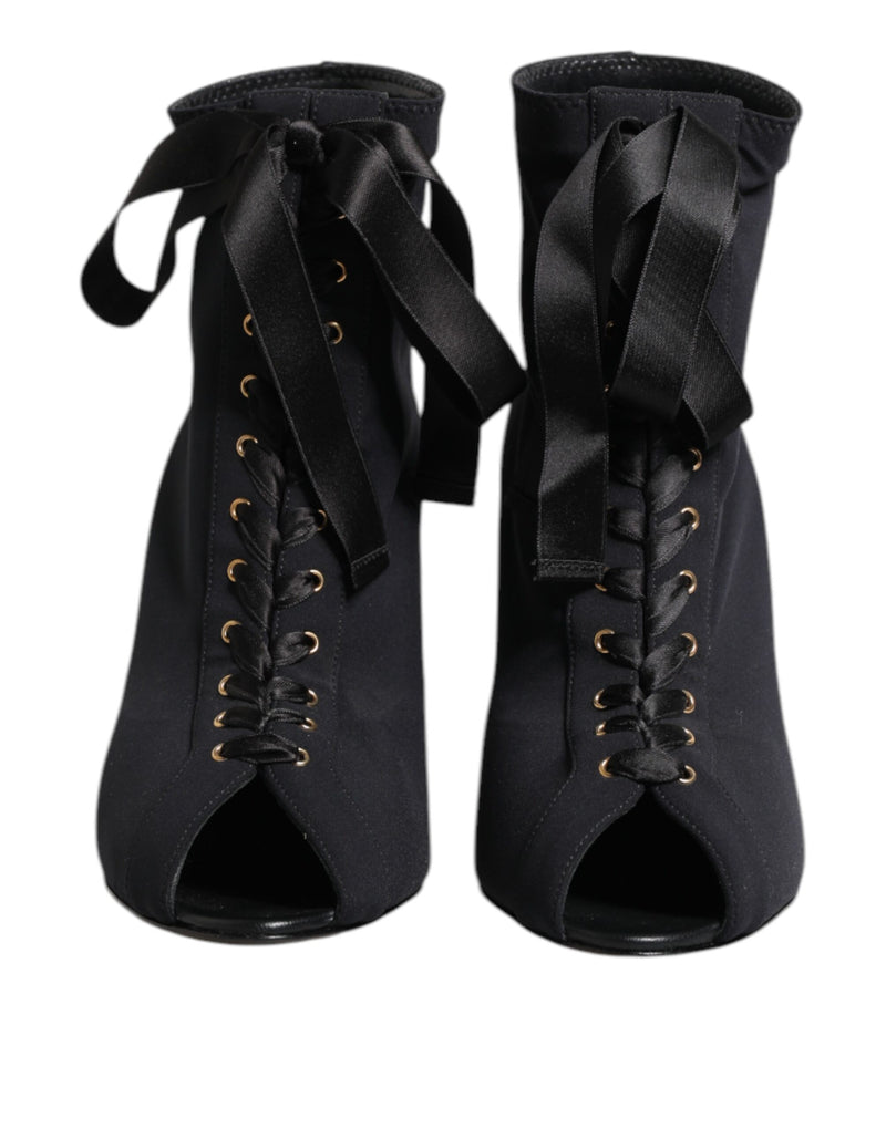 Dolce & Gabbana Black Stiletto Heels Lace Up Ankle Boots