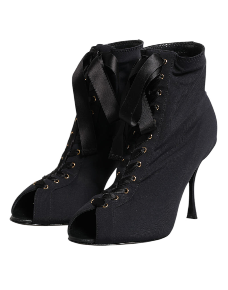 Dolce & Gabbana Black Stiletto Heels Lace Up Ankle Boots