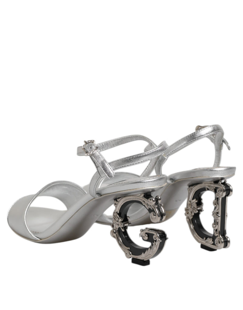 Dolce & Gabbana Silver Leather DG Heels Keira Sandals
