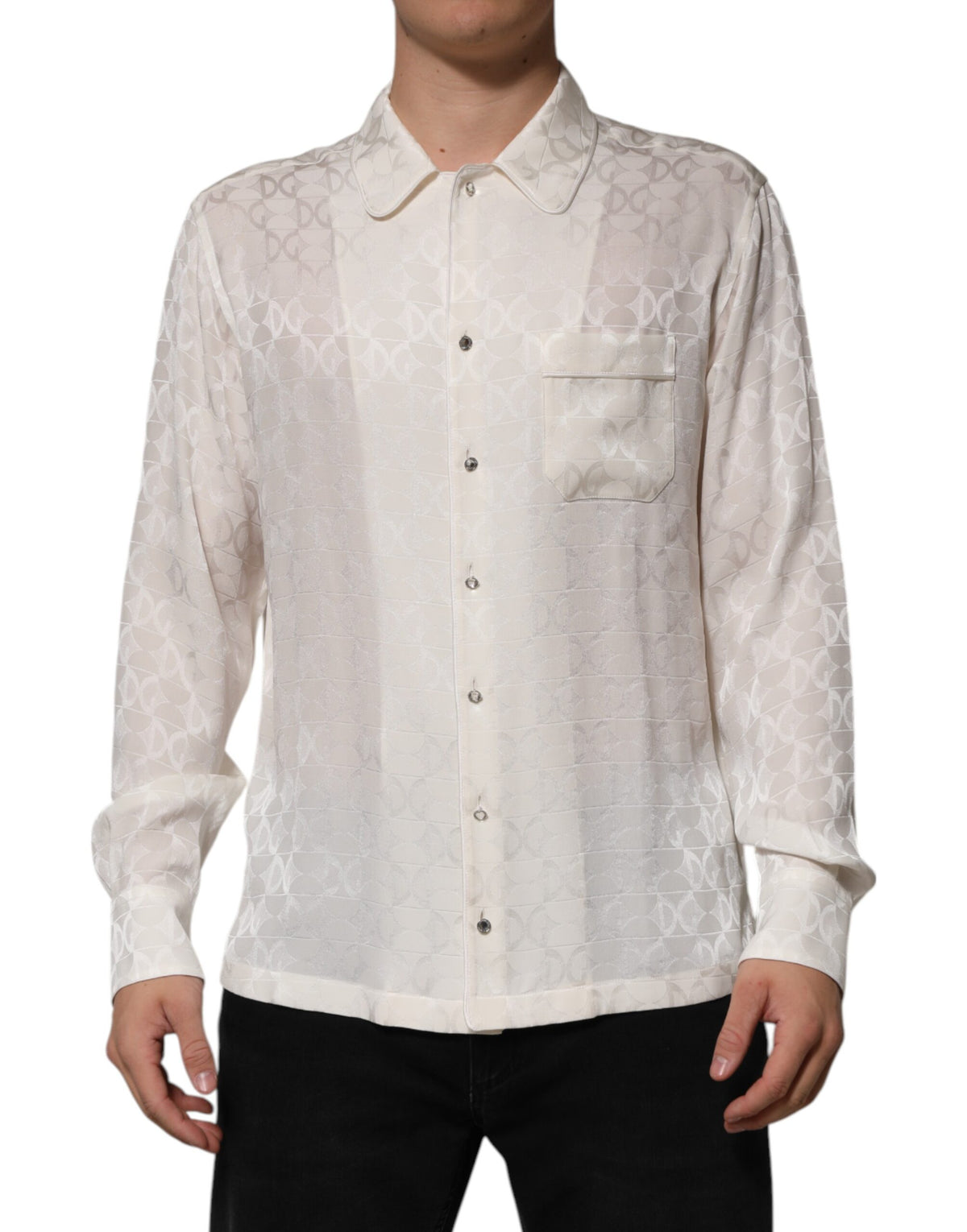 Chemise à manches longues en soie blanche avec imprimé du logo DG de Dolce &amp; Gabbana