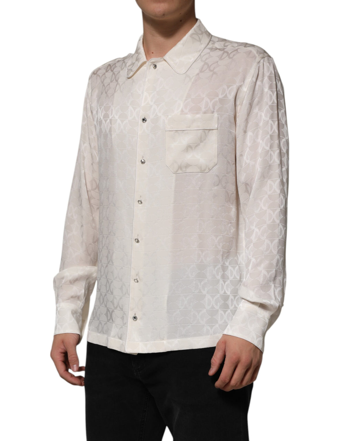 Chemise à manches longues en soie blanche avec imprimé du logo DG de Dolce &amp; Gabbana