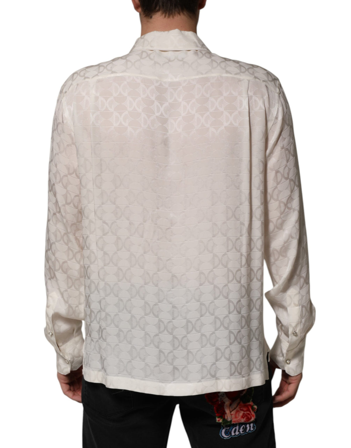 Chemise à manches longues en soie blanche avec imprimé du logo DG de Dolce &amp; Gabbana