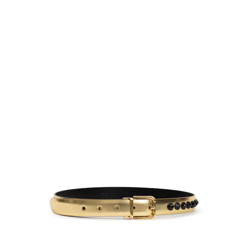 Dolce & Gabbana Gold Leather Belt with Black Crystals
