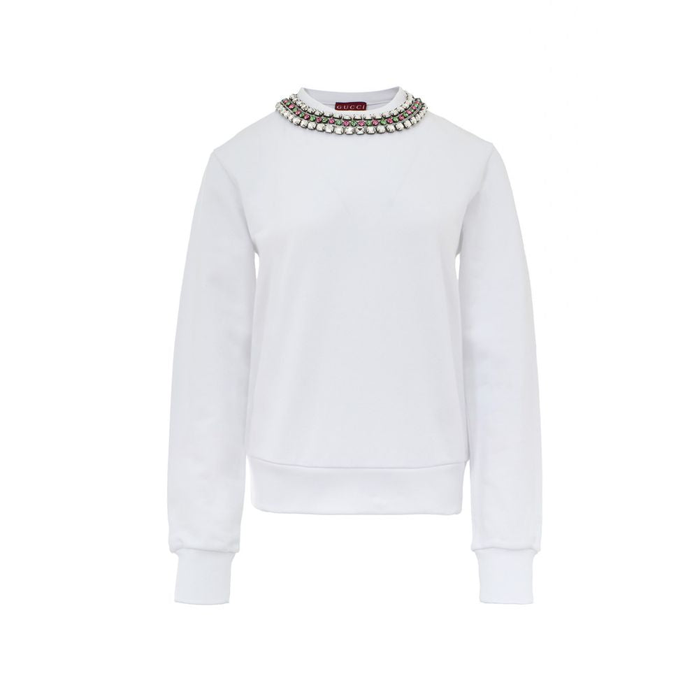 Gucci White Cotton Sweatshirt with Jewel Neck