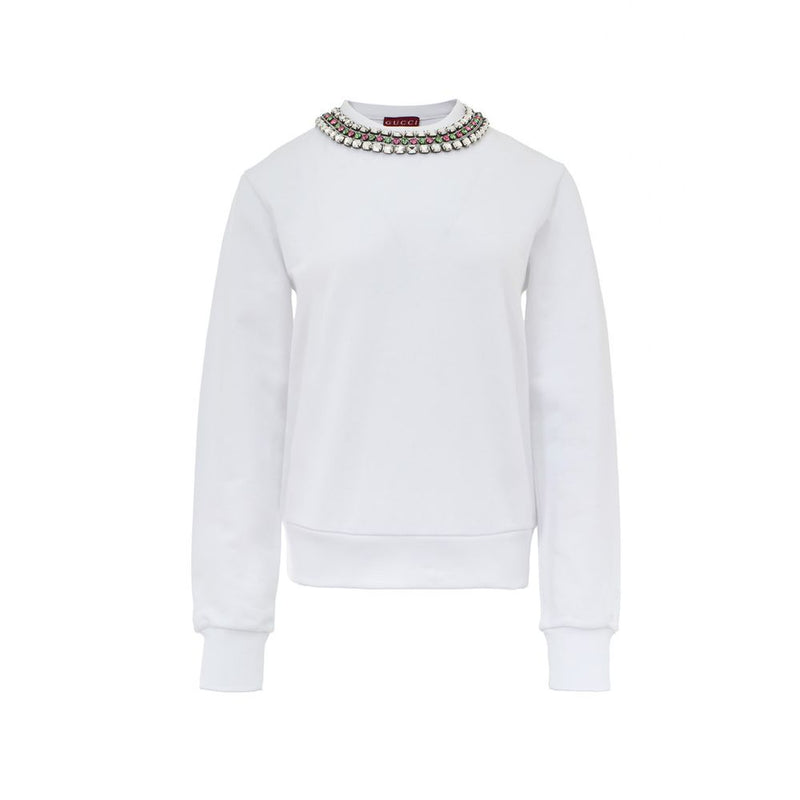 Gucci White Cotton Sweatshirt with Jewel Neck