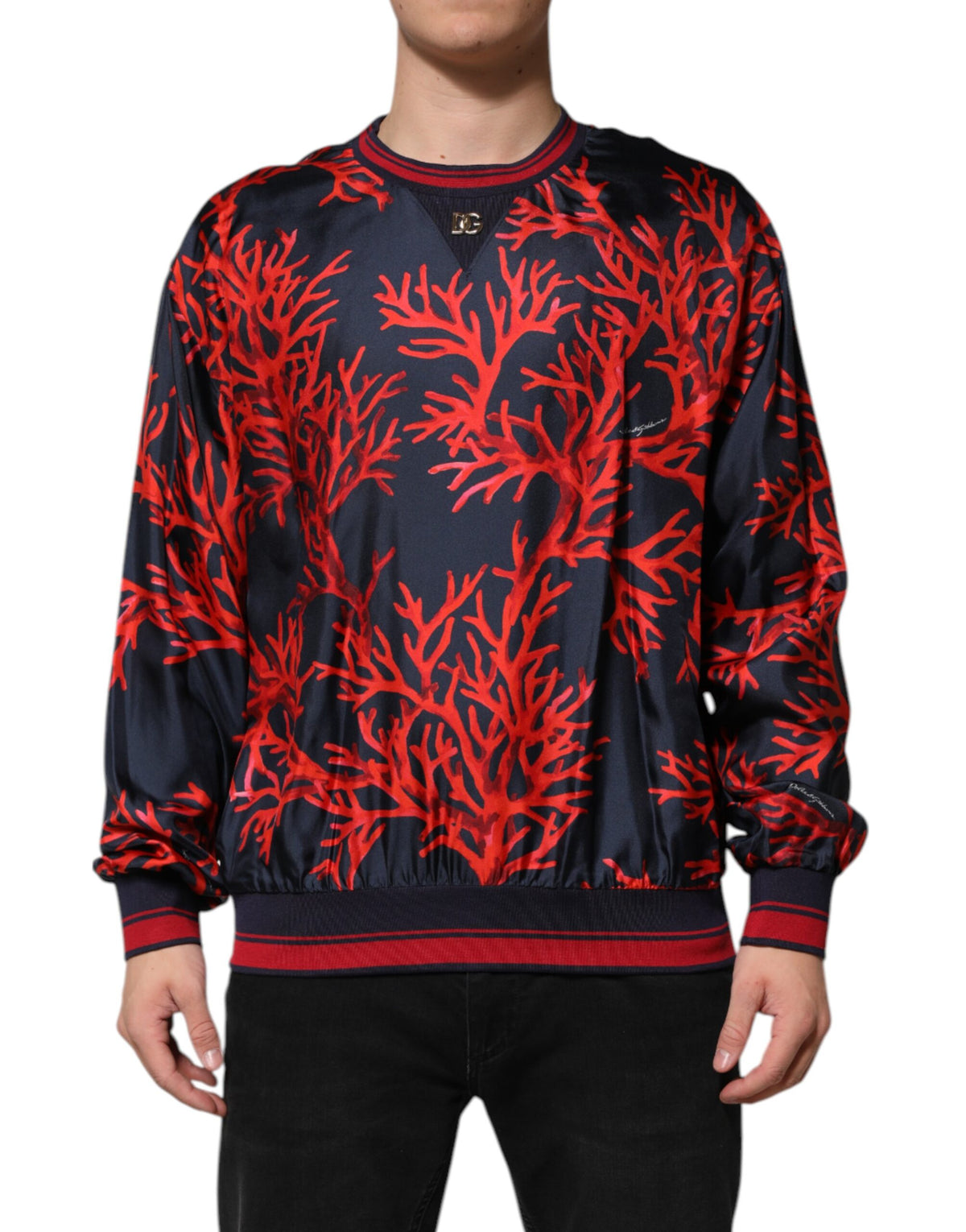 Pull en soie à imprimé corail bleu marine et rouge de Dolce &amp; Gabbana