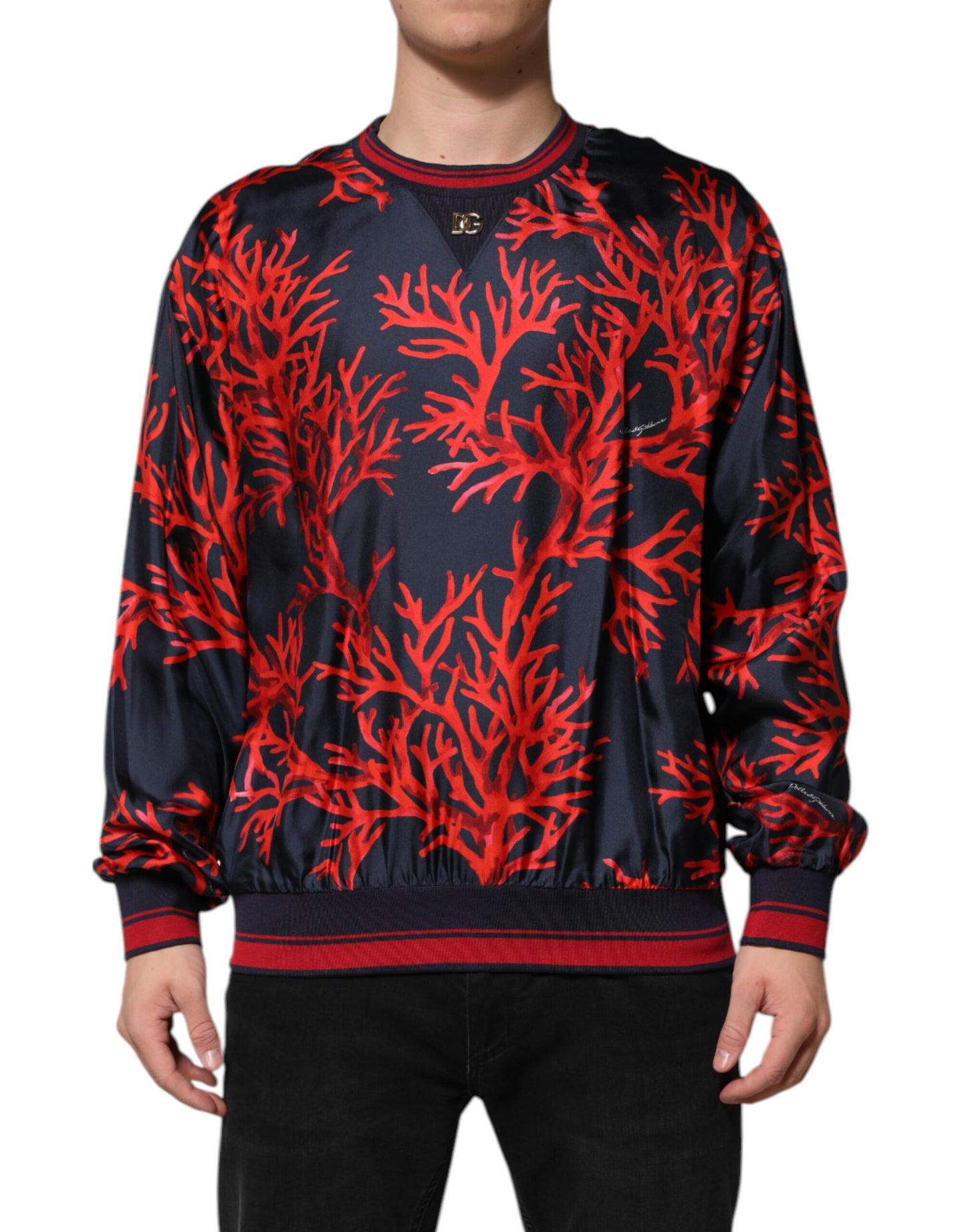 Pull en soie à imprimé corail bleu marine et rouge de Dolce &amp; Gabbana