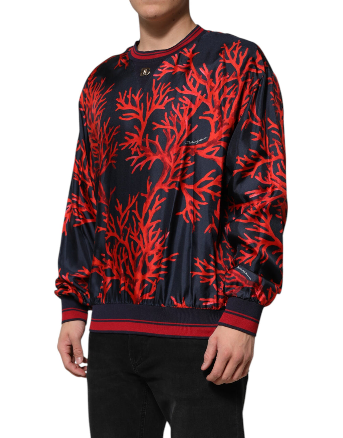 Pull en soie à imprimé corail bleu marine et rouge de Dolce &amp; Gabbana