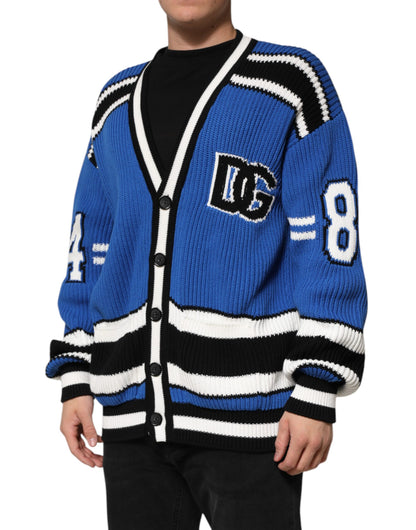 Dolce & Gabbana Blue Cotton Logo Patch Ribbed Knit Cardigan Sweater