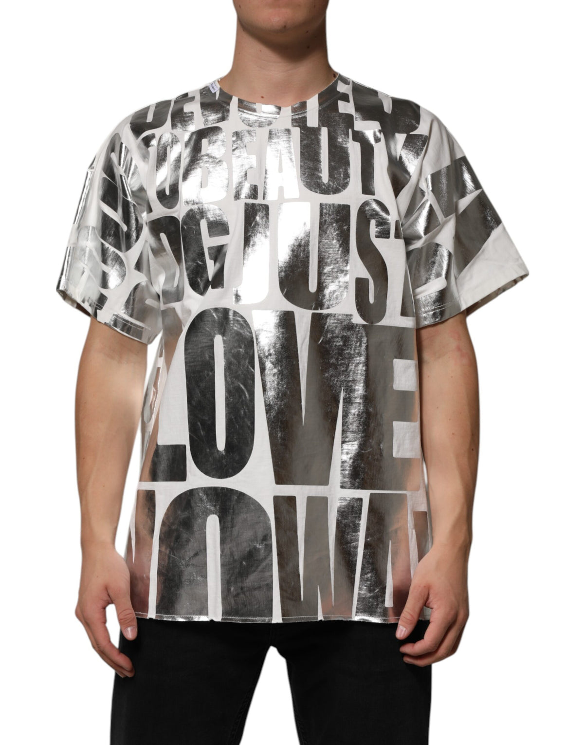 T-shirt blanc en coton Dolce &amp; Gabbana avec imprimé argenté métallisé et slogan.