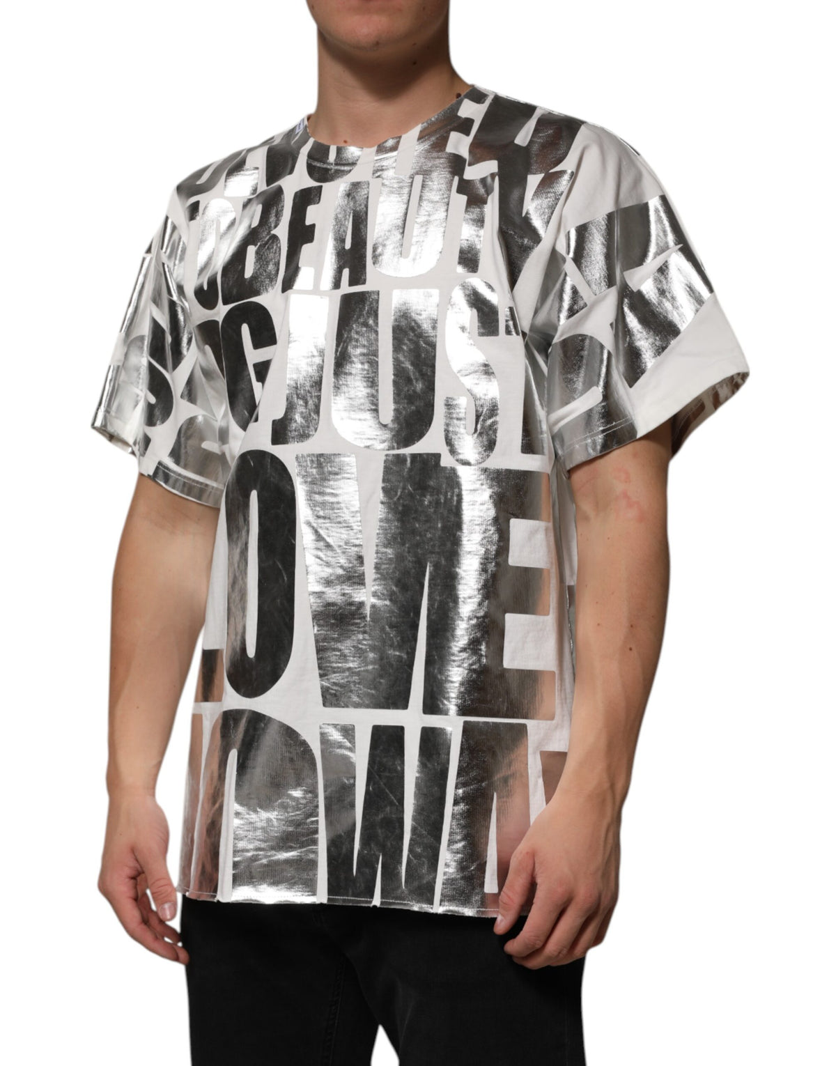 T-shirt blanc en coton Dolce &amp; Gabbana avec imprimé argenté métallisé et slogan.