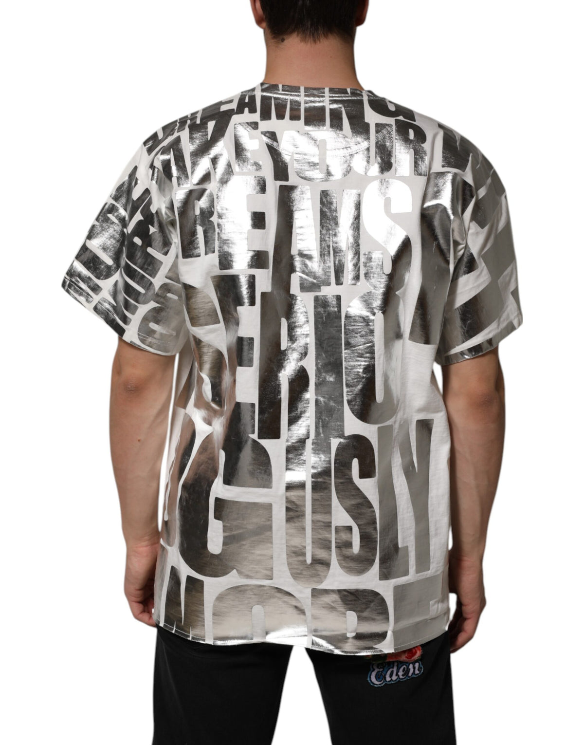 T-shirt blanc en coton Dolce &amp; Gabbana avec imprimé argenté métallisé et slogan.
