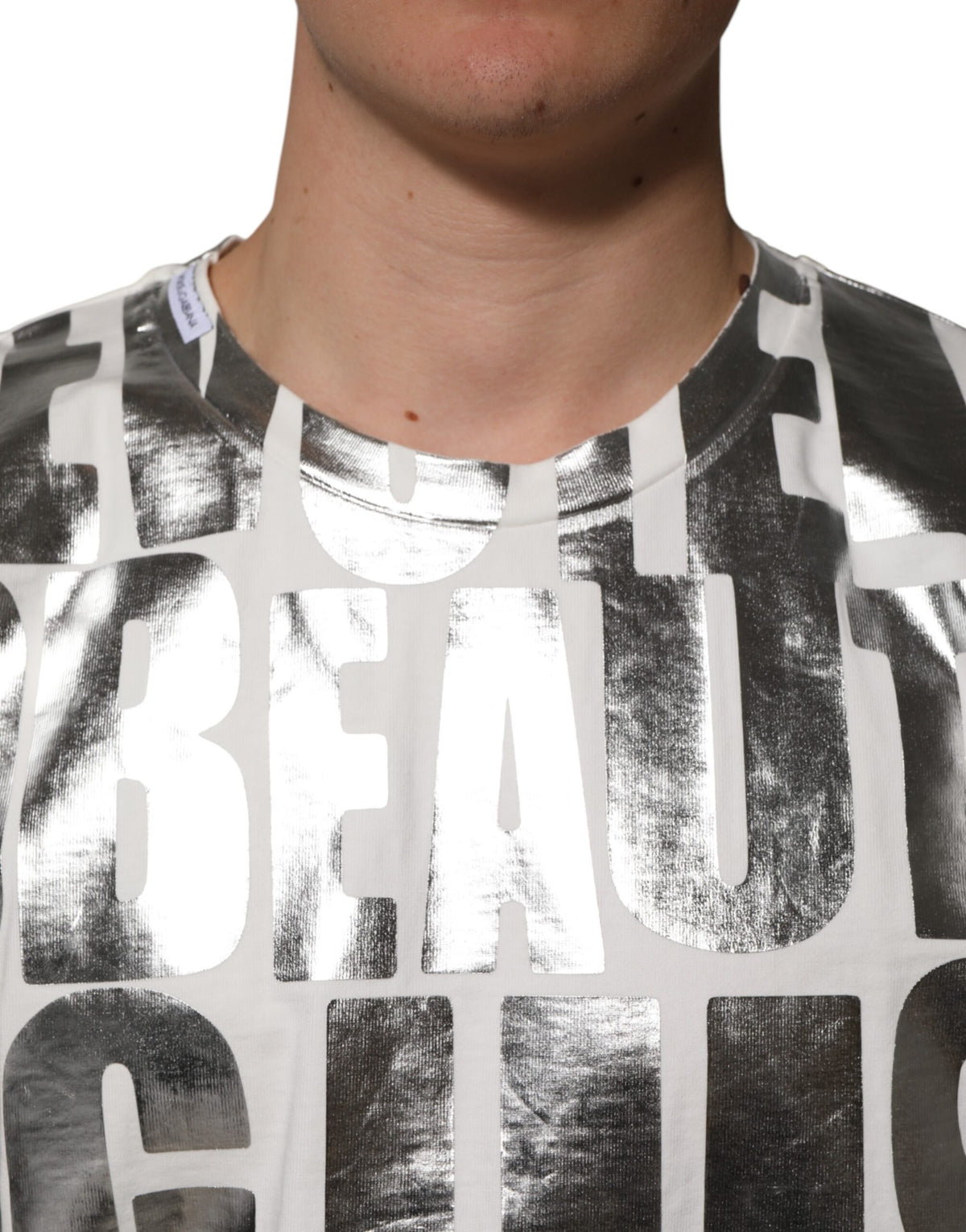 T-shirt blanc en coton Dolce &amp; Gabbana avec imprimé argenté métallisé et slogan.