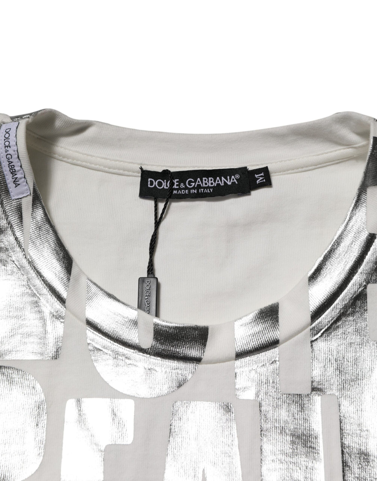 T-shirt blanc en coton Dolce &amp; Gabbana avec imprimé argenté métallisé et slogan.