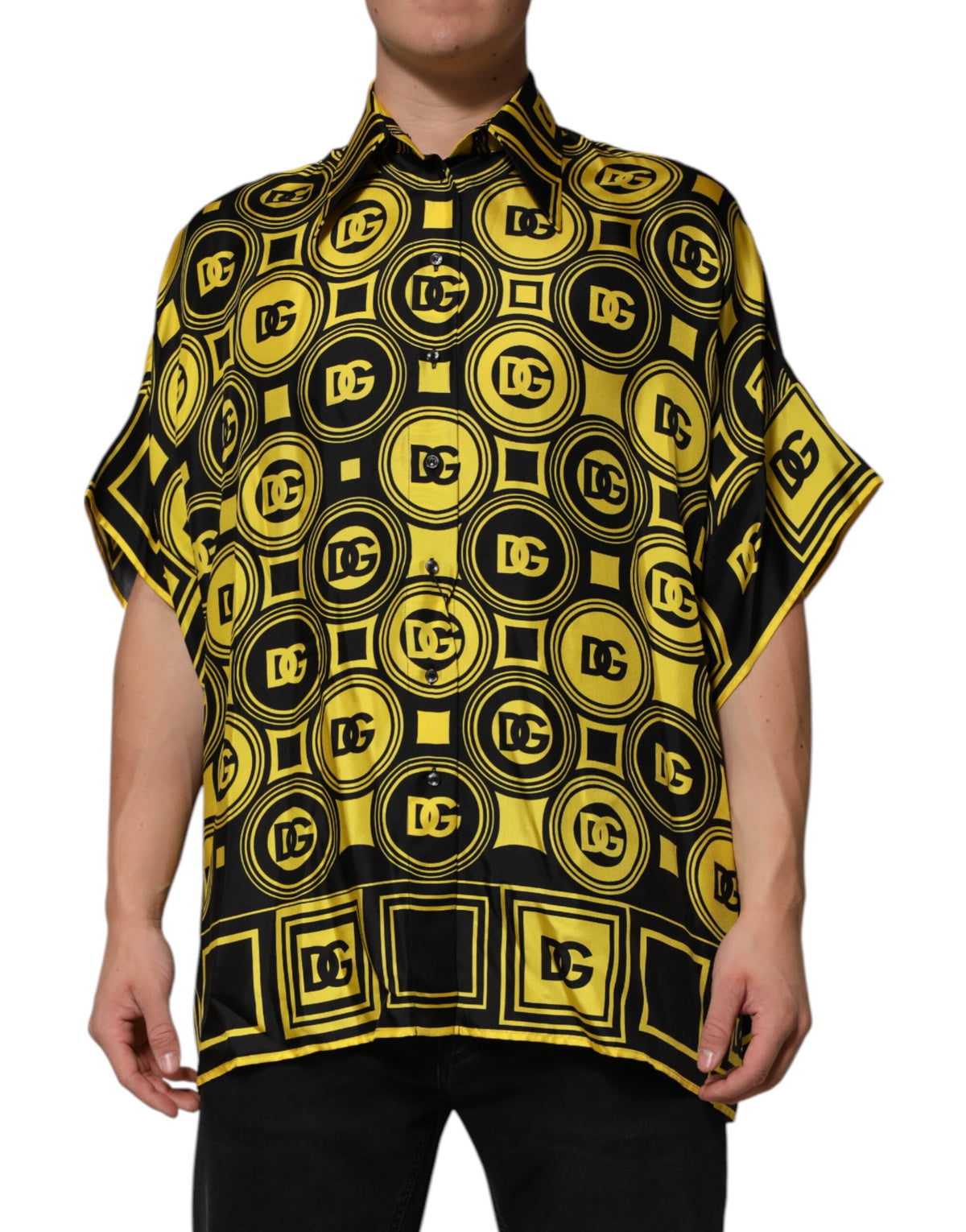 T-shirt en soie jaune avec logo DG géométrique argenté de Dolce &amp; Gabbana