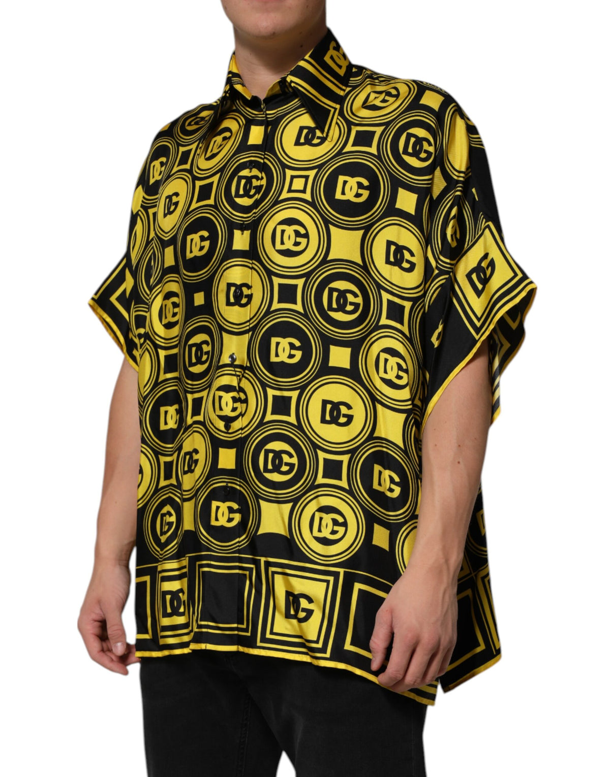 T-shirt en soie jaune avec logo DG géométrique argenté de Dolce &amp; Gabbana