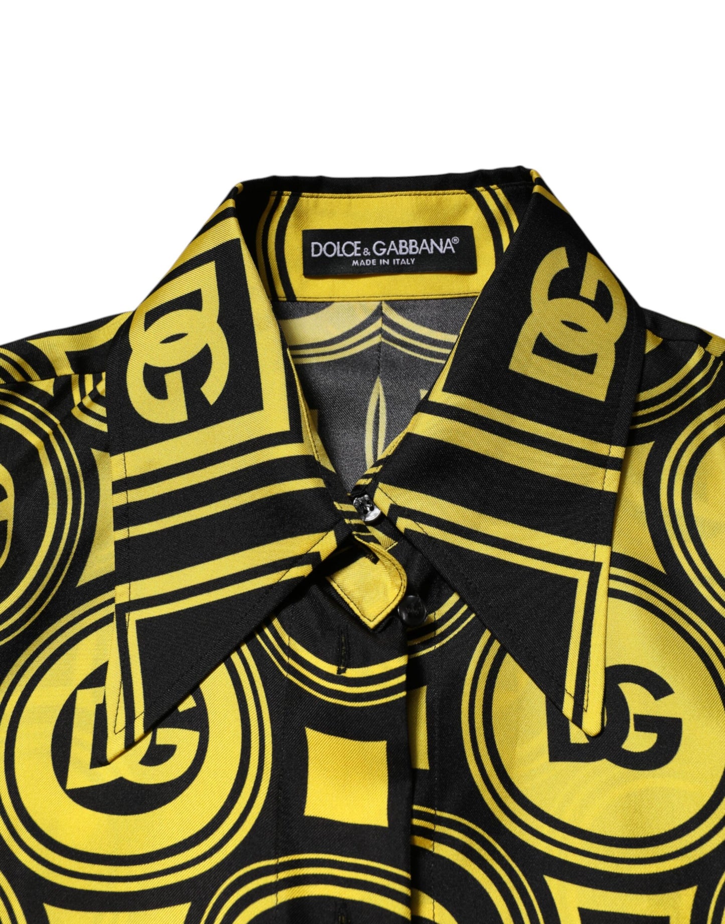 Dolce & Gabbana Gele Zijden T-shirt met Zilveren DG Logo en Geometrisch Patroon