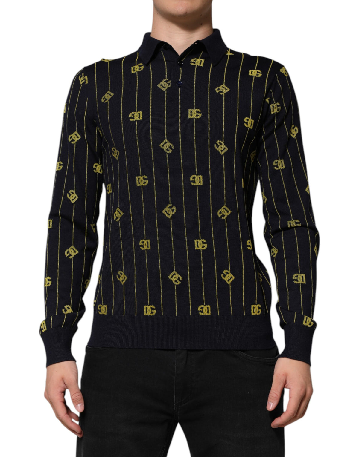 Polo en tricot jacquard noir avec logo Dolce &amp; Gabbana - T-shirt