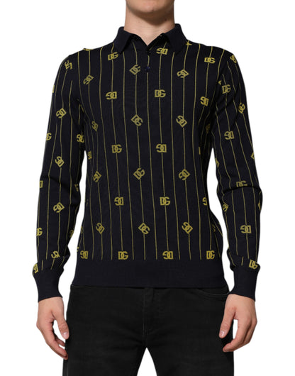 Polo en tricot jacquard noir avec logo Dolce &amp; Gabbana - T-shirt