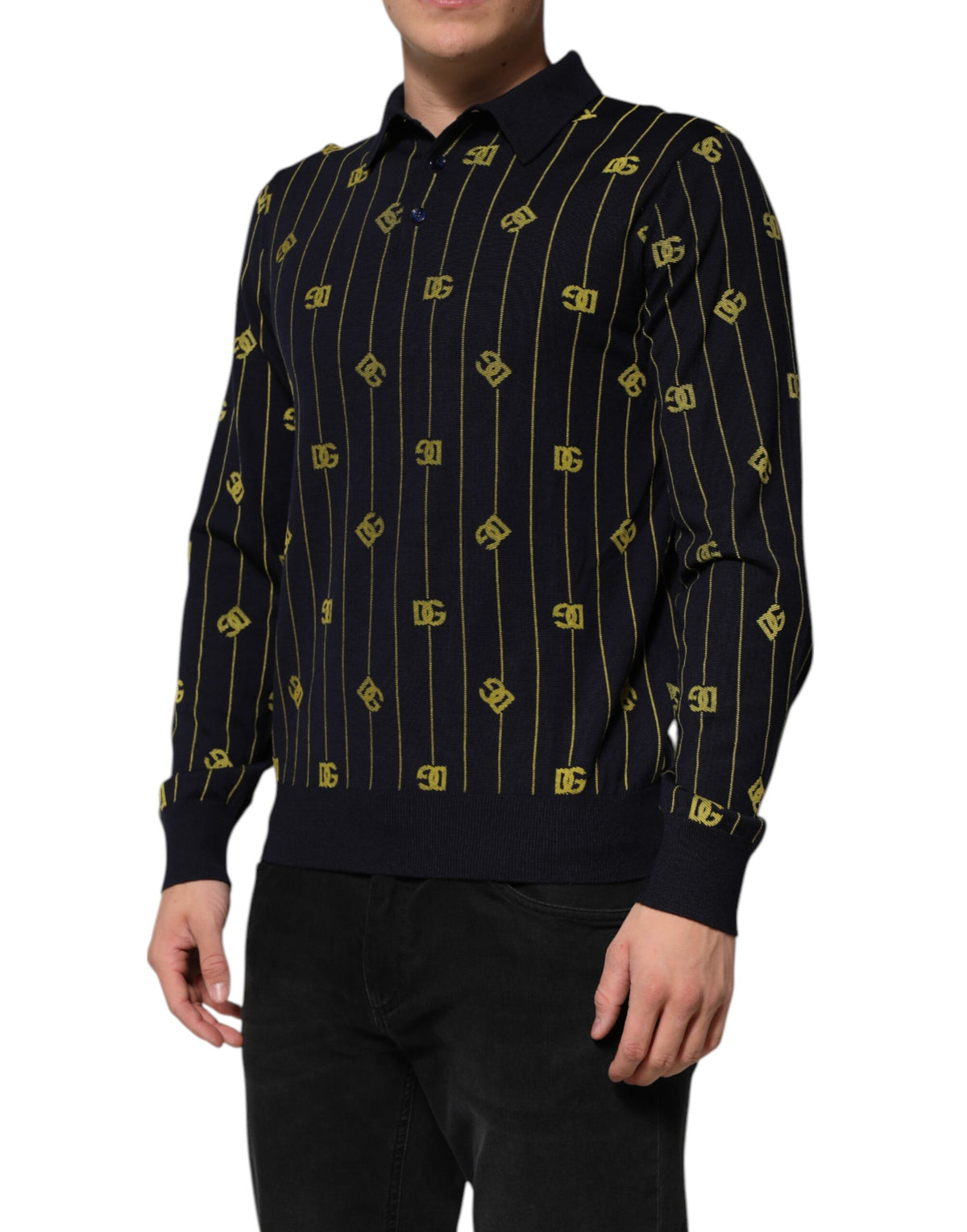 Polo en tricot jacquard noir avec logo Dolce &amp; Gabbana - T-shirt