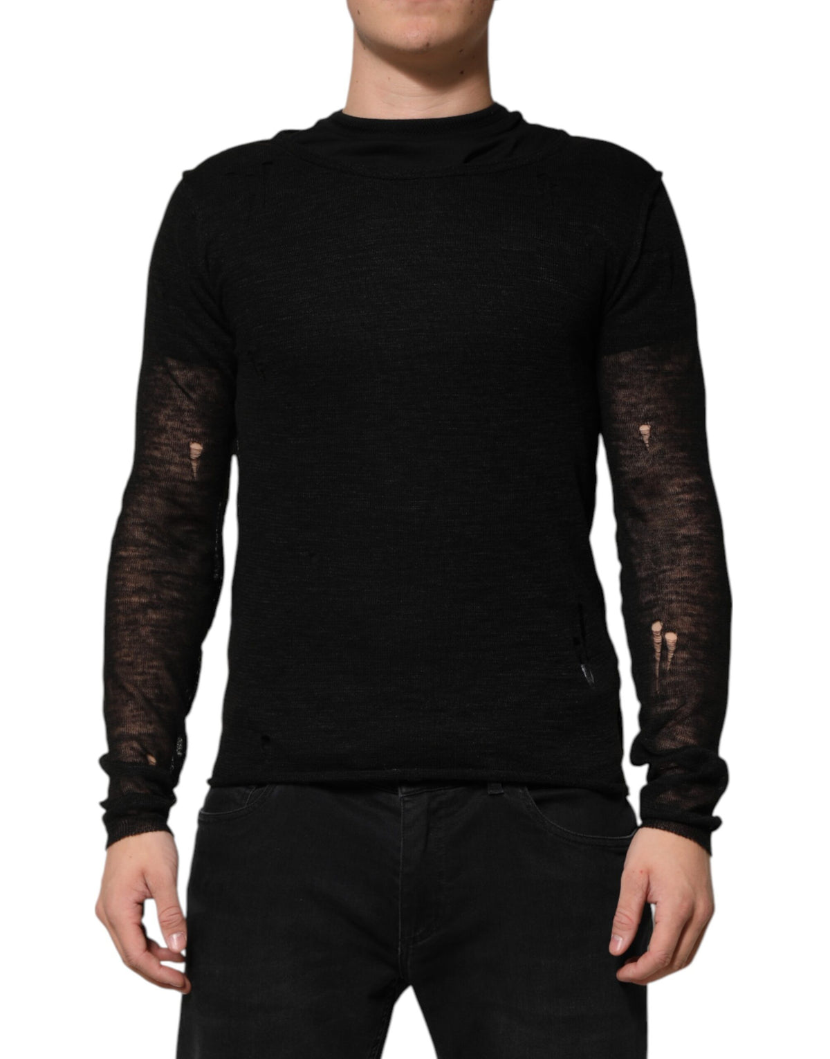 T-shirt à manches longues en lin noir et maille trouée de Dolce &amp; Gabbana
